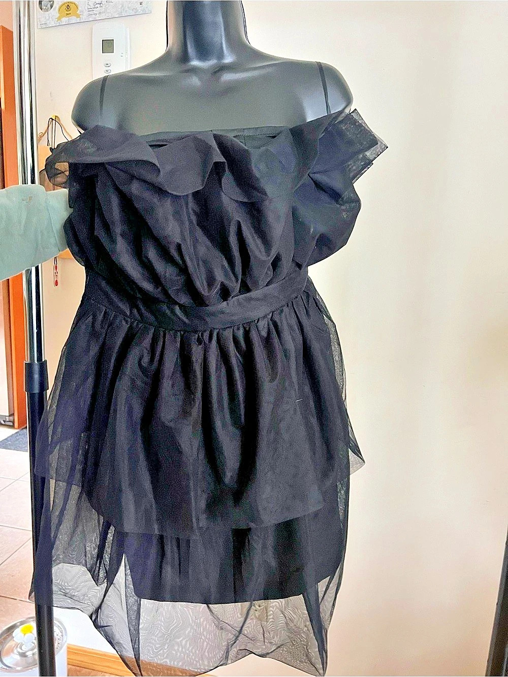 Off-Shoulder Ruffle Mini Dress in Black Like New